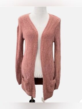 Love Tree Fuzzy Eyelash Knit Long Cardigan in the color Mauve